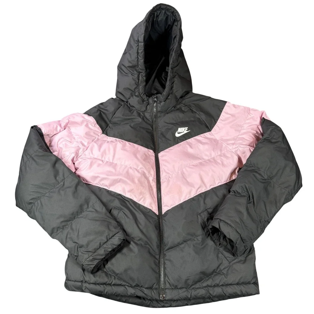 Nike Puffer Jacket Womens XL Pink Black Chevron Hooded‎ Full Zip Coat